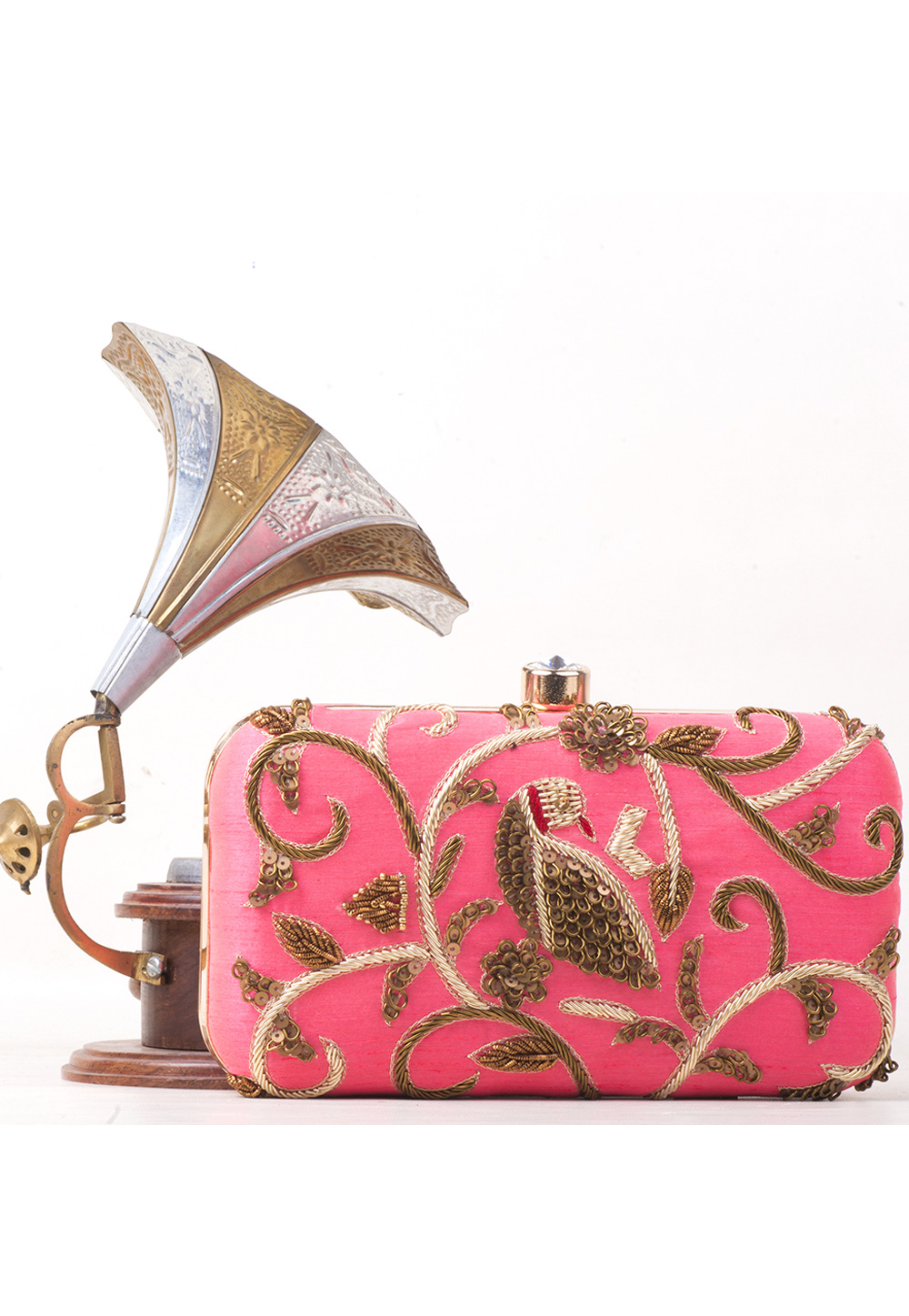Pink Synthetic Embroidered Clutch 177082