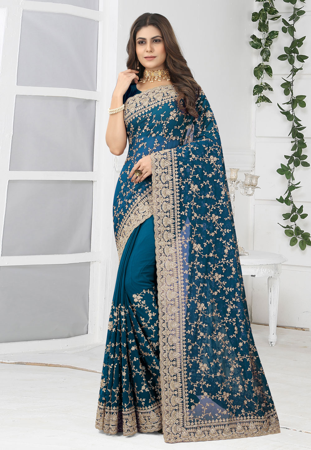 Teal Georgette Saree With Blouse 262103