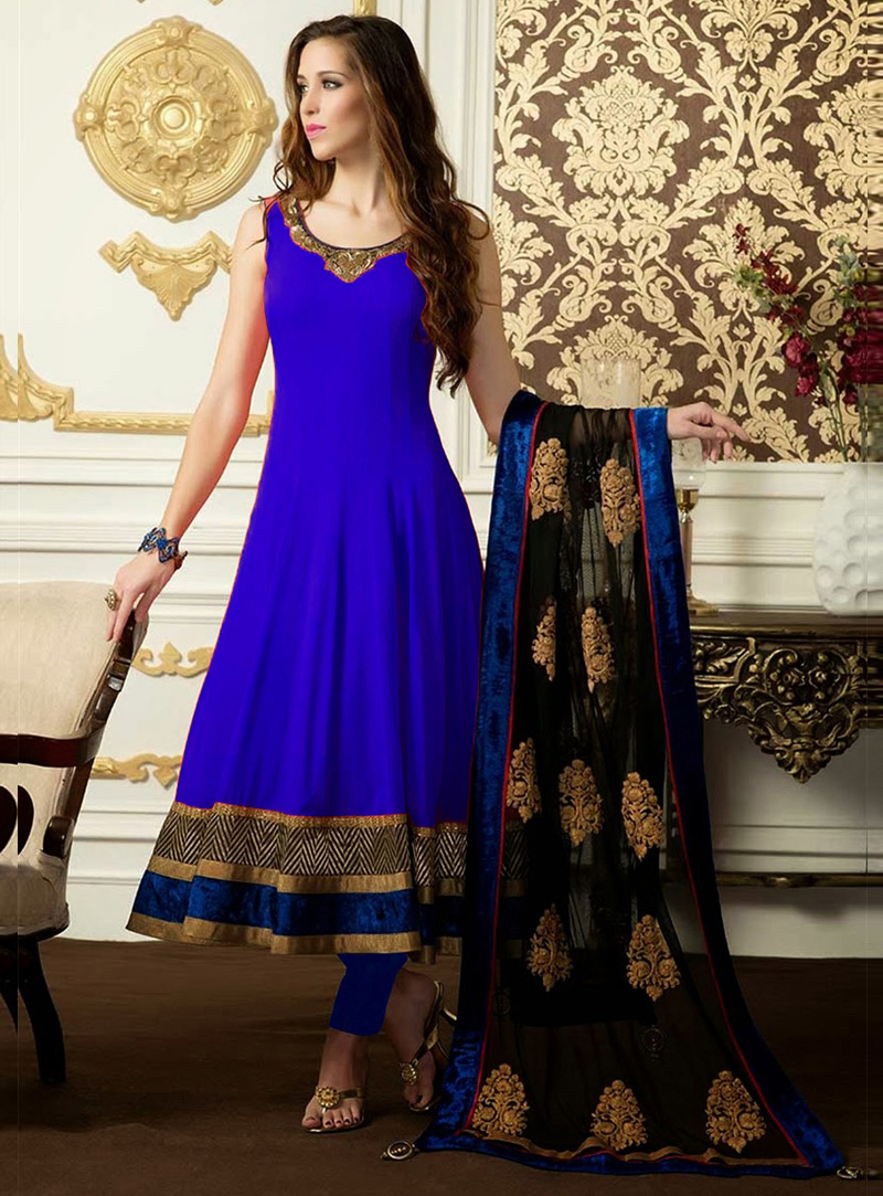 Royal Blue Satin Anarkali Suit 106274