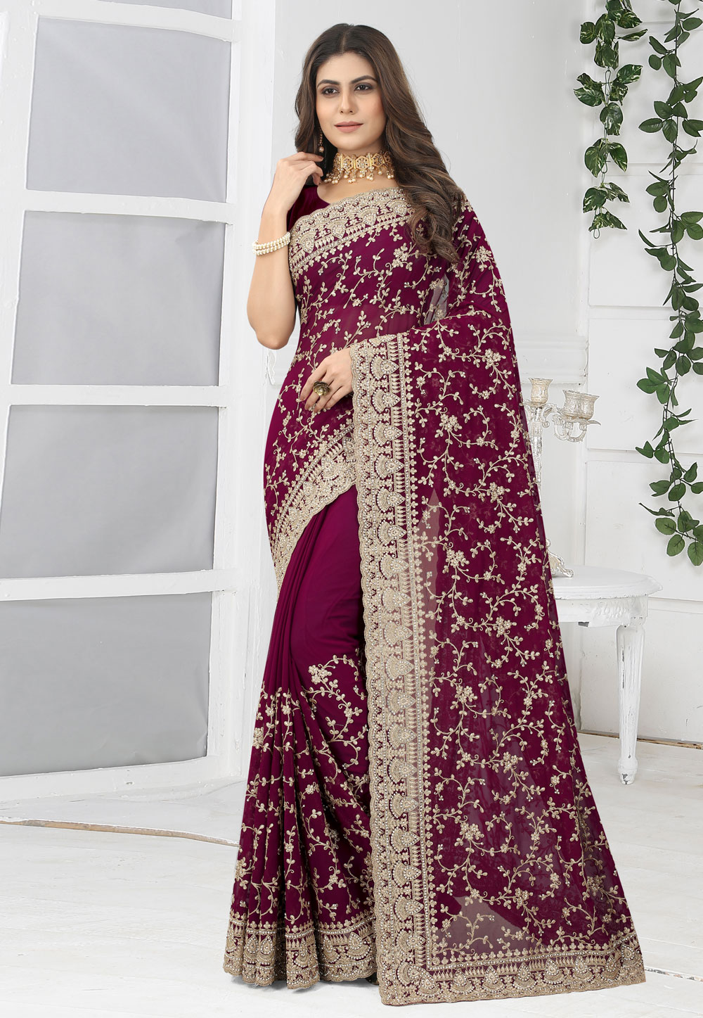 Wine Georgette Saree With Blouse 262106