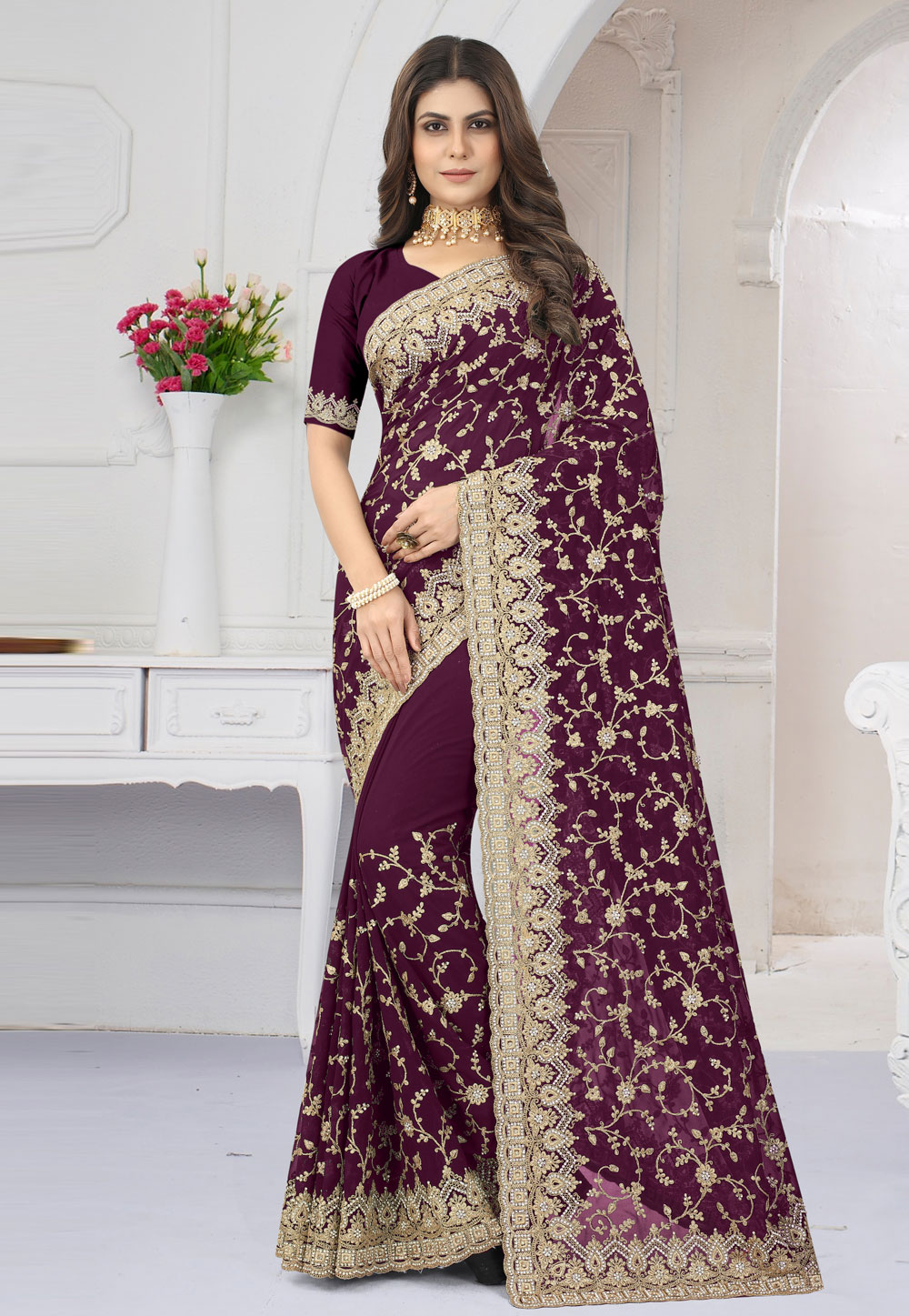 Wine Georgette Saree With Blouse 262112