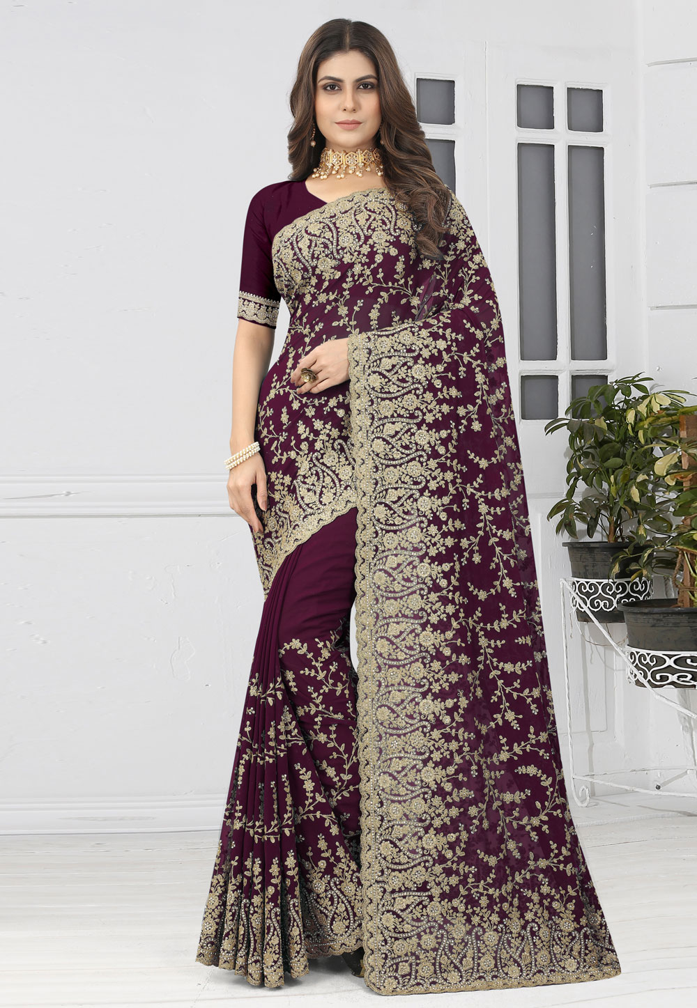 Wine Georgette Saree With Blouse 262119