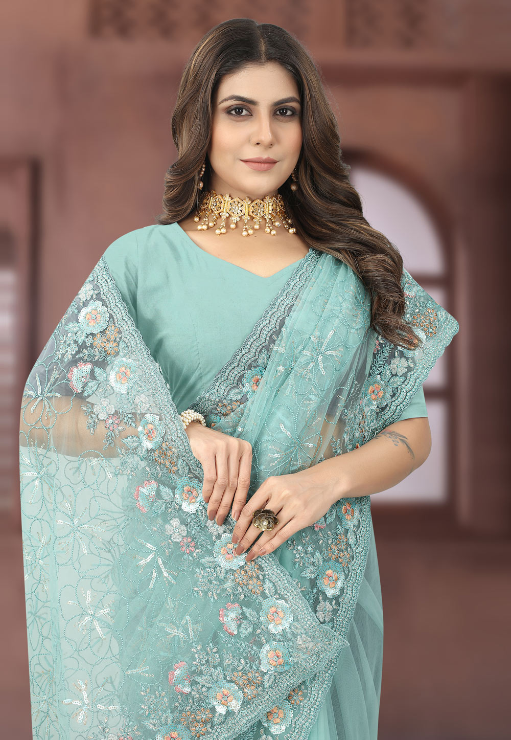 Georgette Designer Saree In Sky Blue Colour - SR4690058