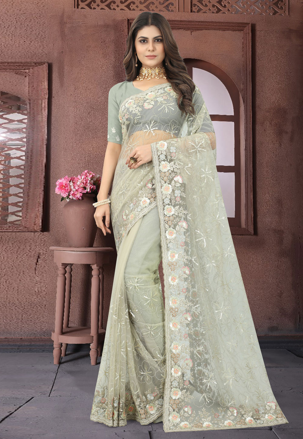Pista Green Net Saree With Blouse 262563