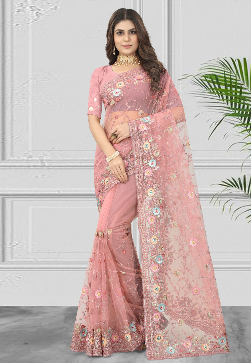 Pink Net Saree With Blouse 262565