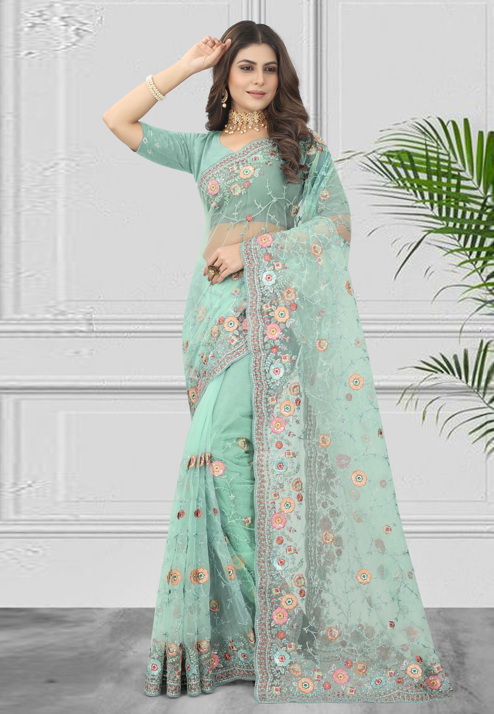 Sea Green Net Saree With Blouse 262566