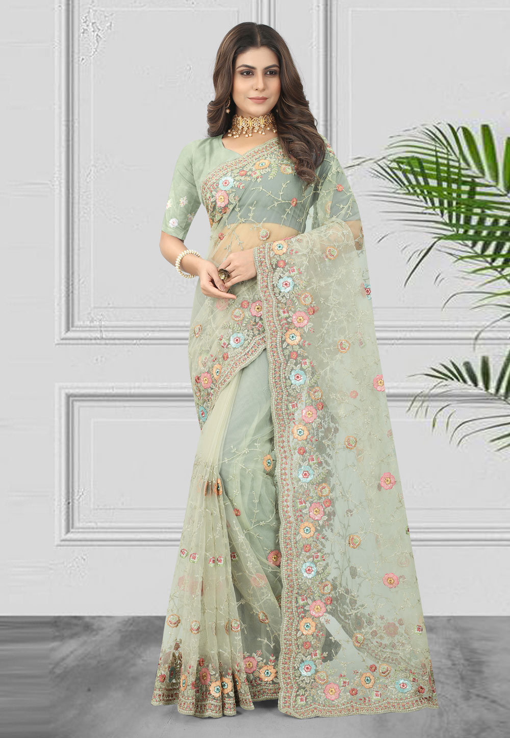 Pista Green Net Saree With Blouse 262568