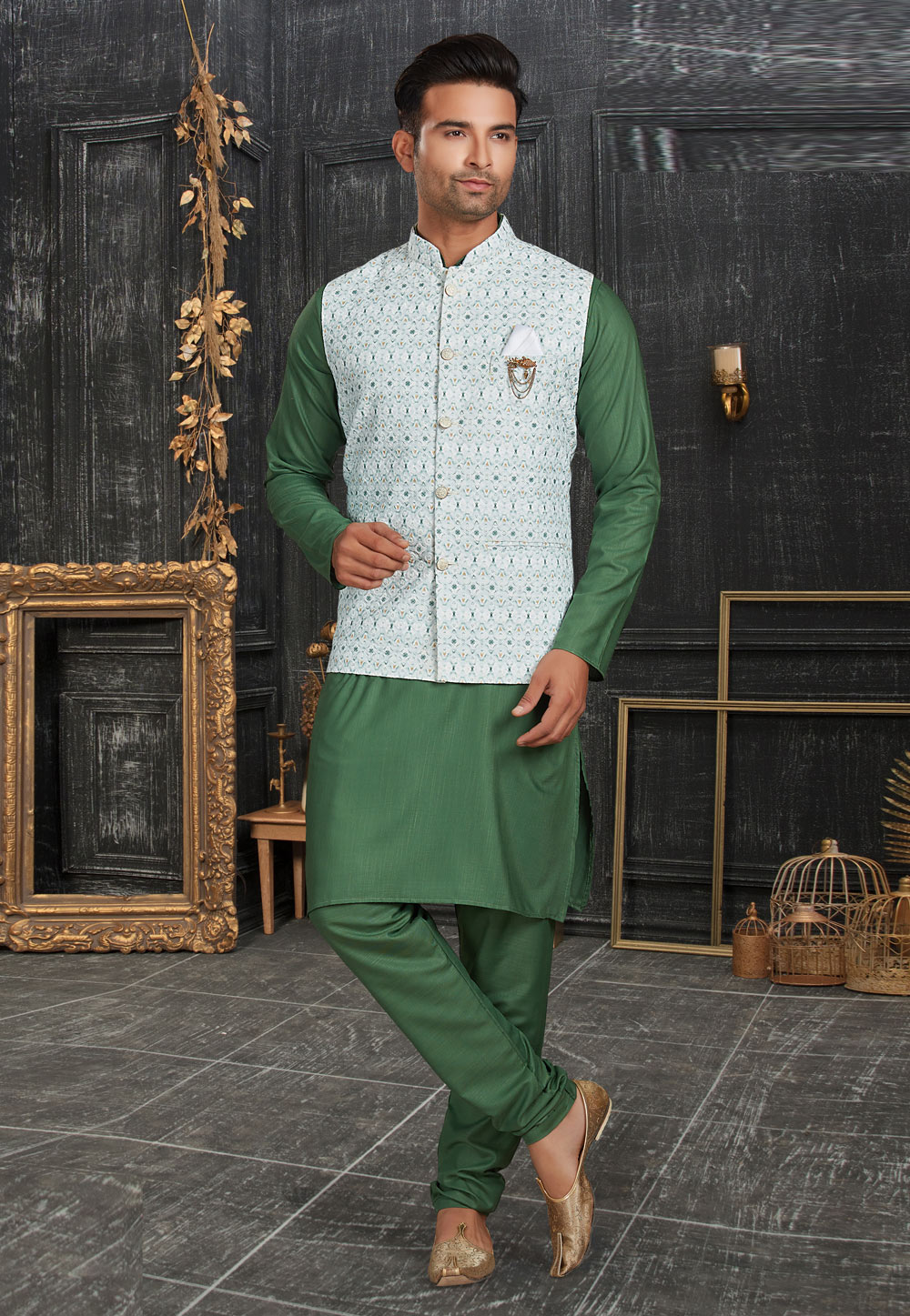 Green Cotton Kurta Pajama With Jacket 257471