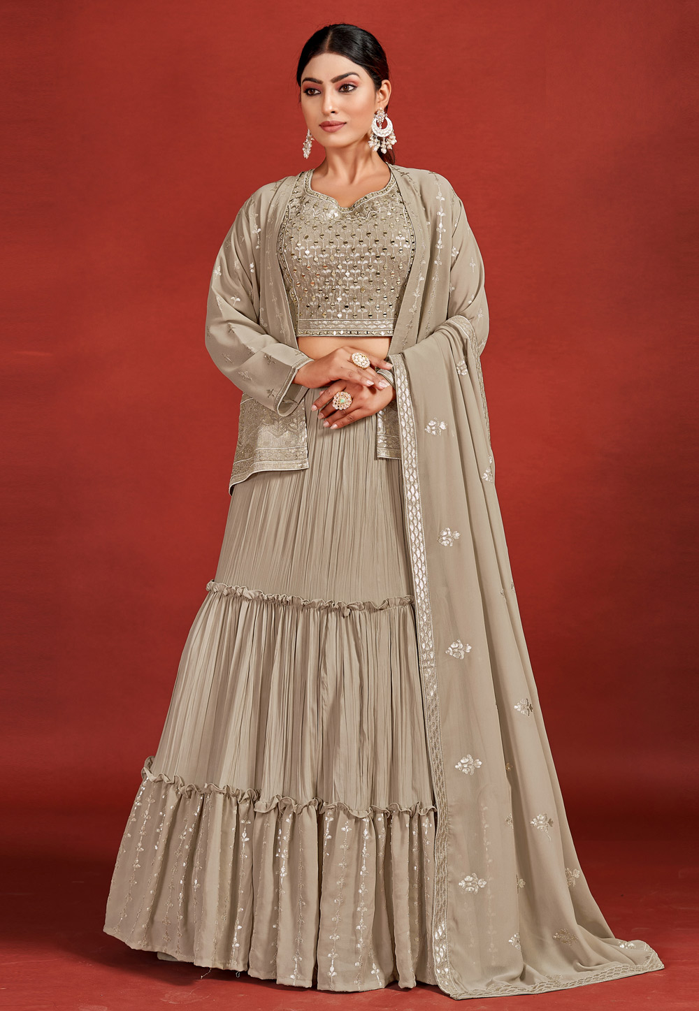 Beige Georgette Readymade Circular Lehenga Choli 264106