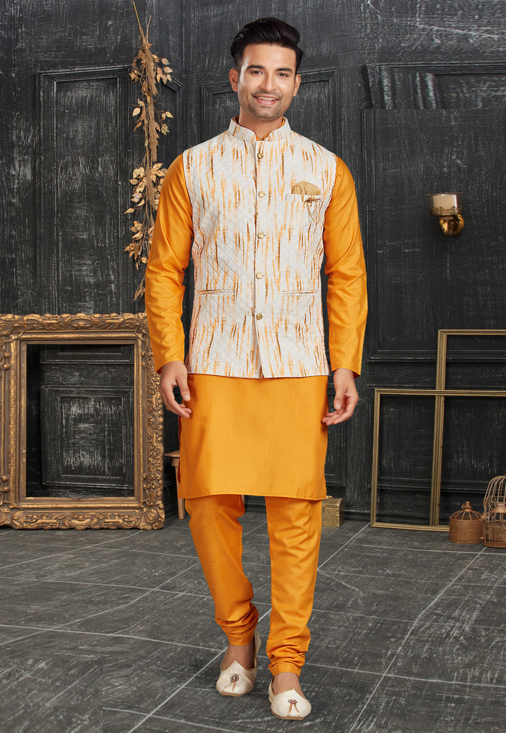 Orange Cotton Kurta Pajama With Jacket 257473