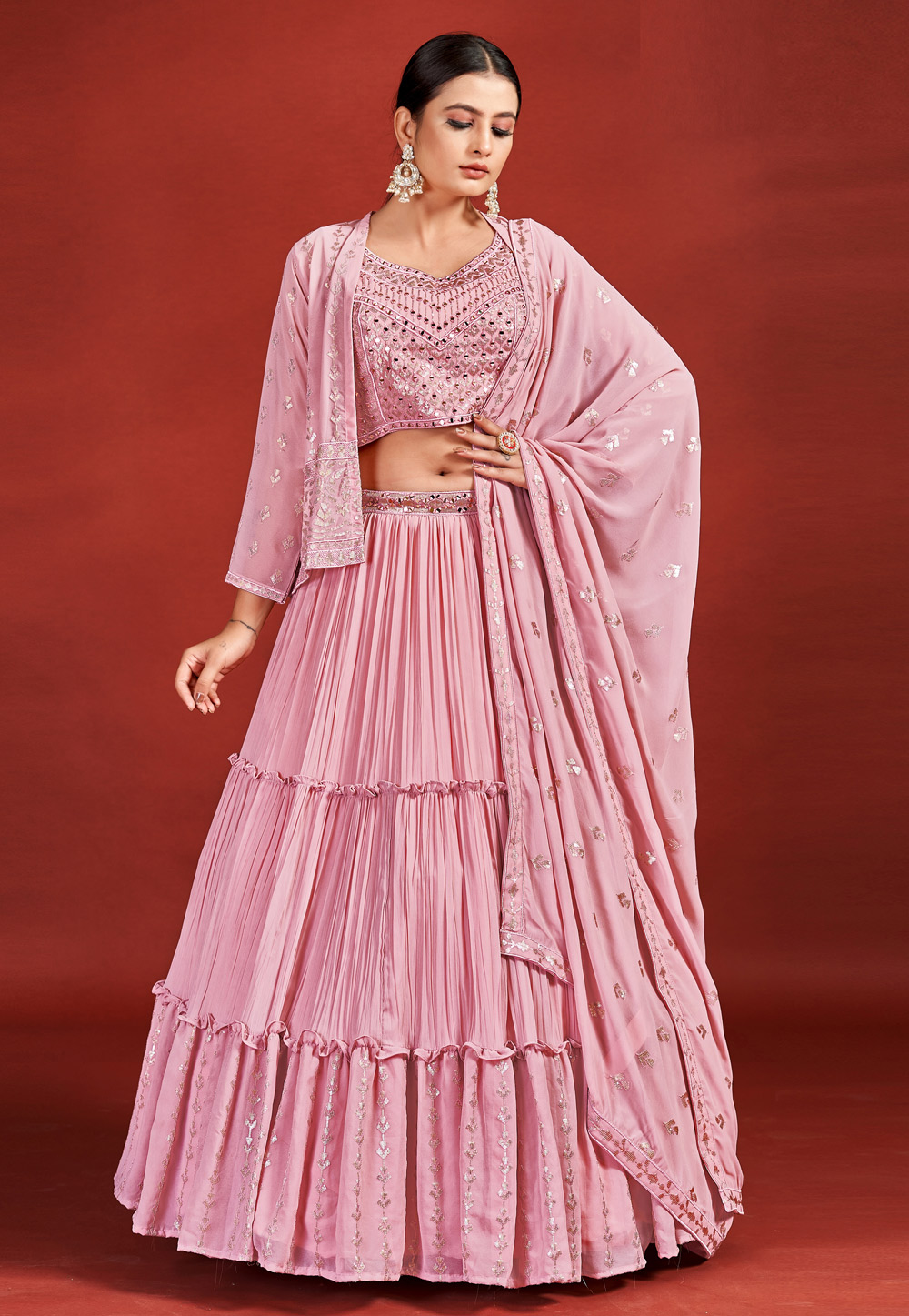 Pink Georgette Readymade Layered Lehenga Choli 264108