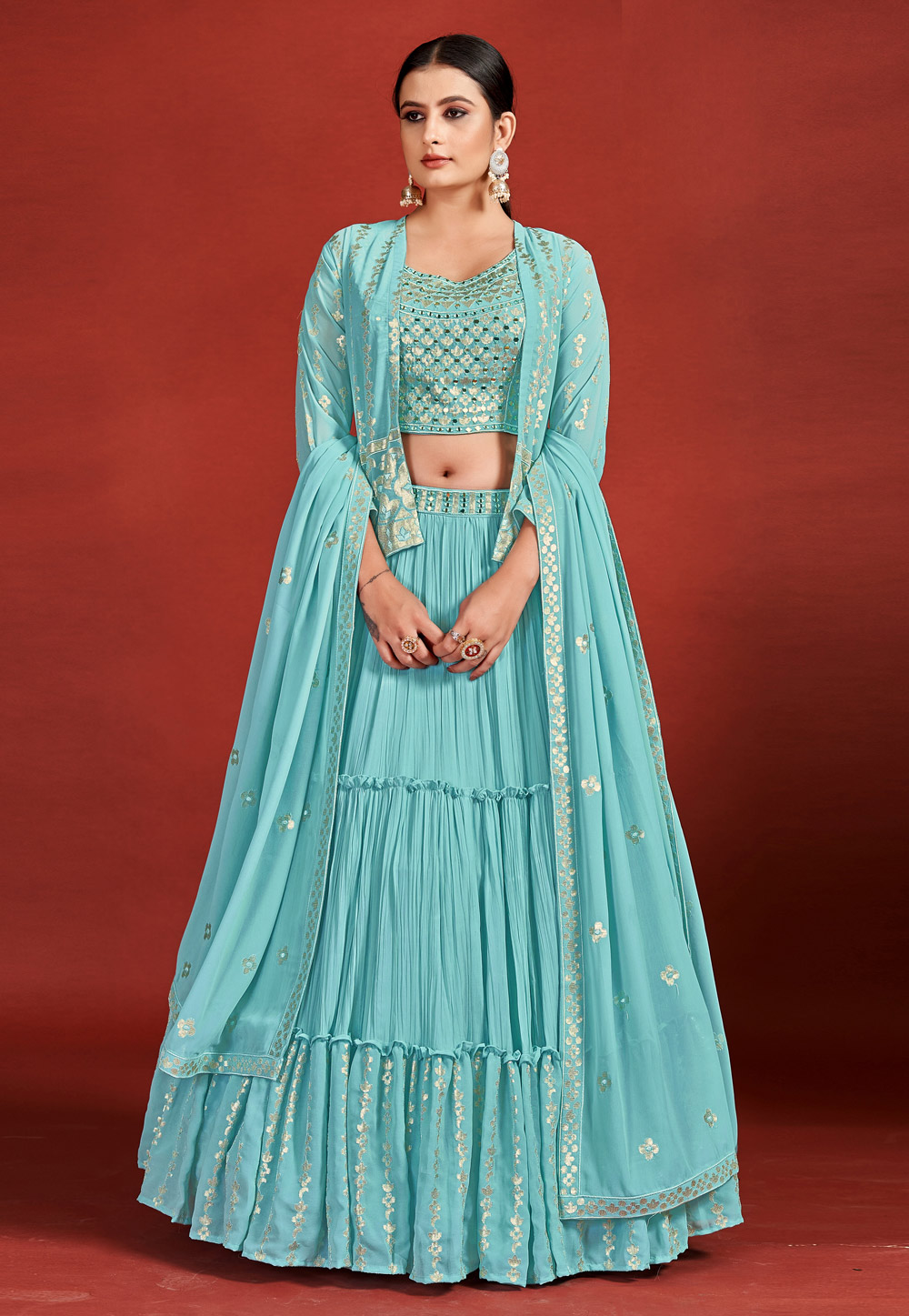 Turquoise Georgette Readymade Designer Lehenga Choli 264110
