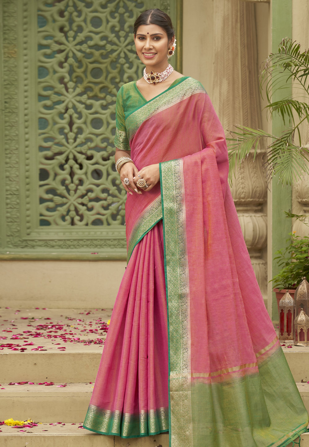 Pink Tussar Silk Saree With Blouse 269663