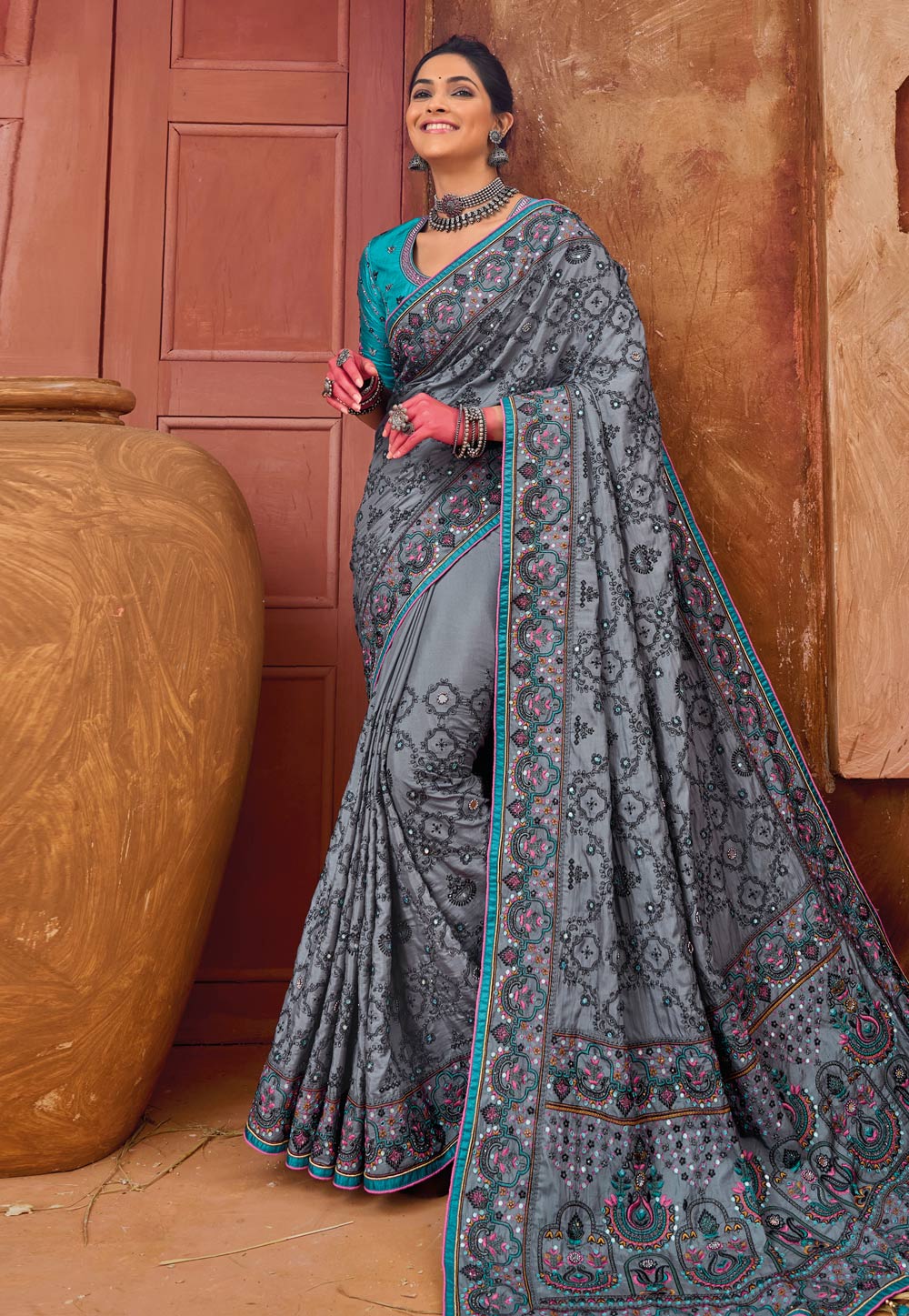 Grey Banarasi Silk Saree With Blouse 272773