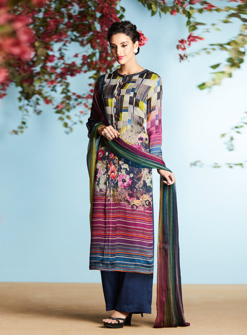 Navy Blue Georgette Palazzo Style Suit 80843