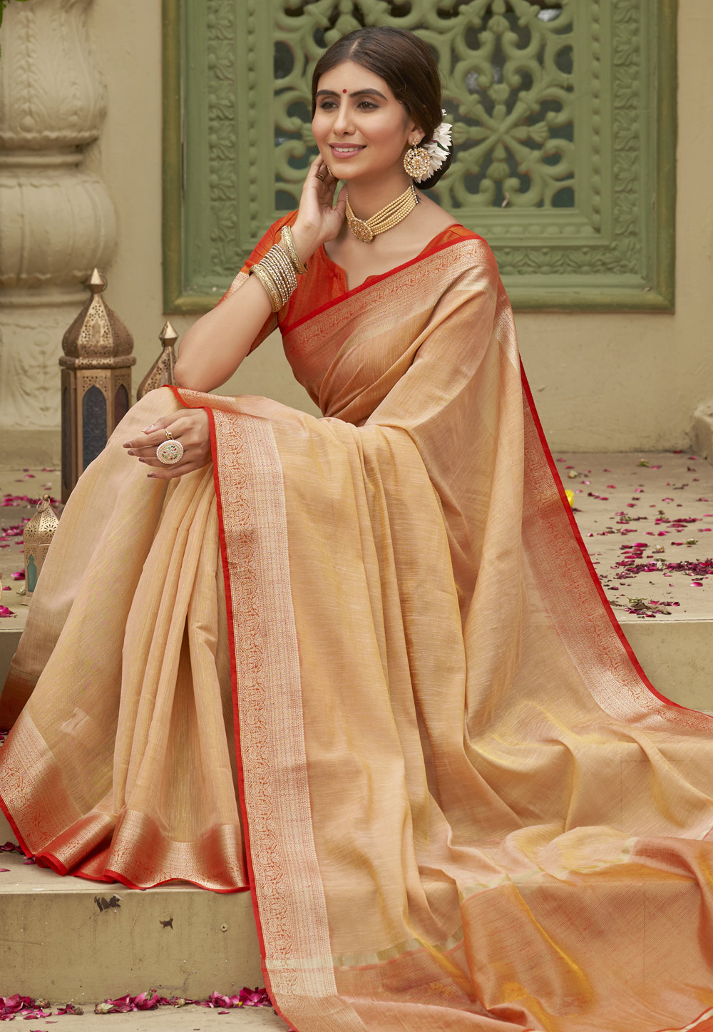 Beige Silk Cotton Saree for Women With Contrast Blouse Piece - Etsy