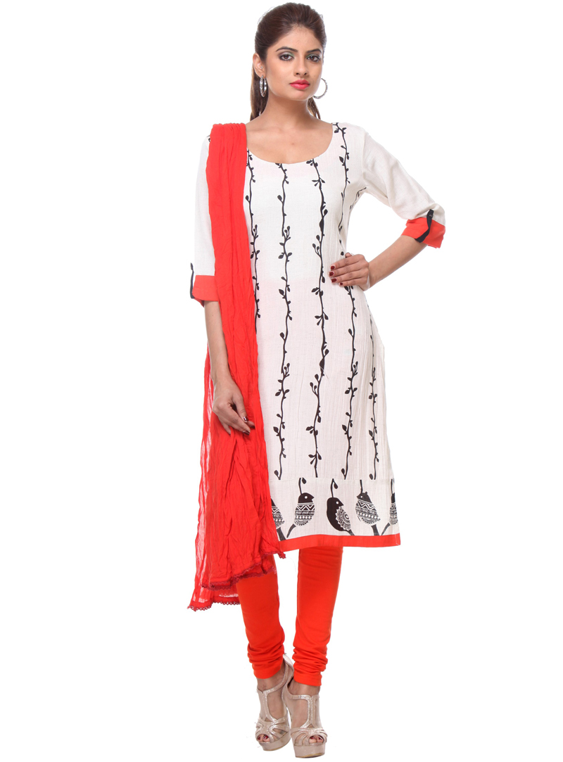 Off White Cotton Readymade Churidar Salwar Suit 106024