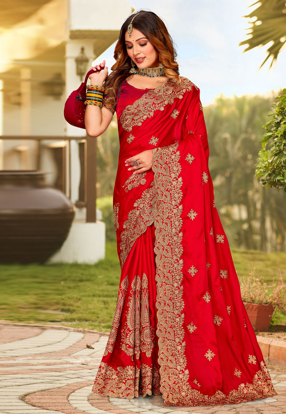 Red Satin Saree With Blouse 264250