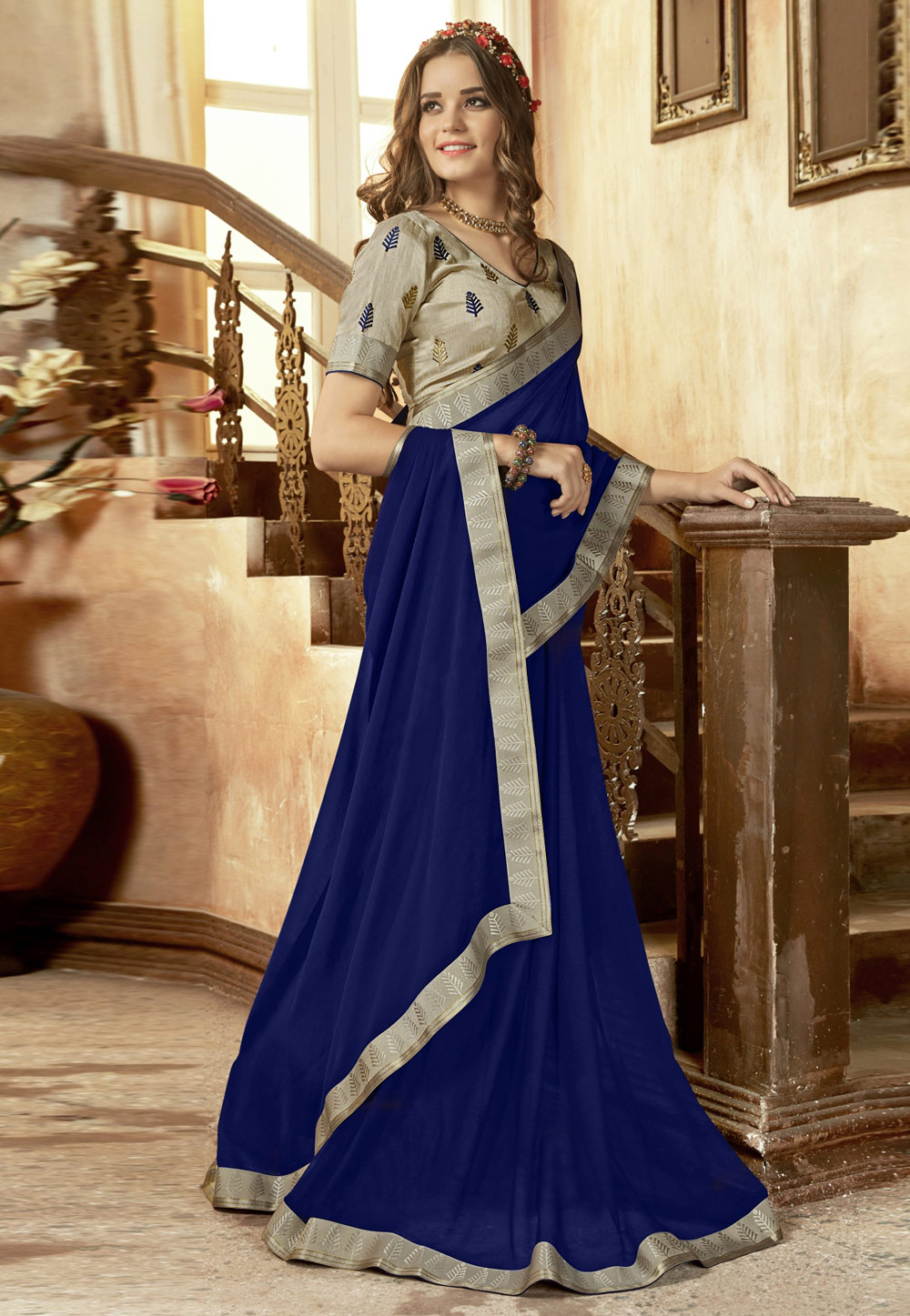 Navy Blue Georgette Saree With Blouse 193987