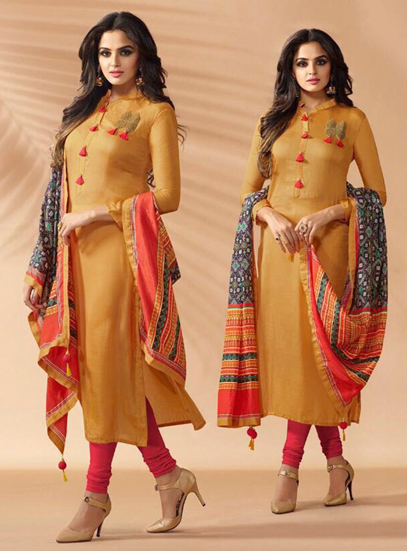 Mustard Silk Readymade Churidar Salwar Suit 115533