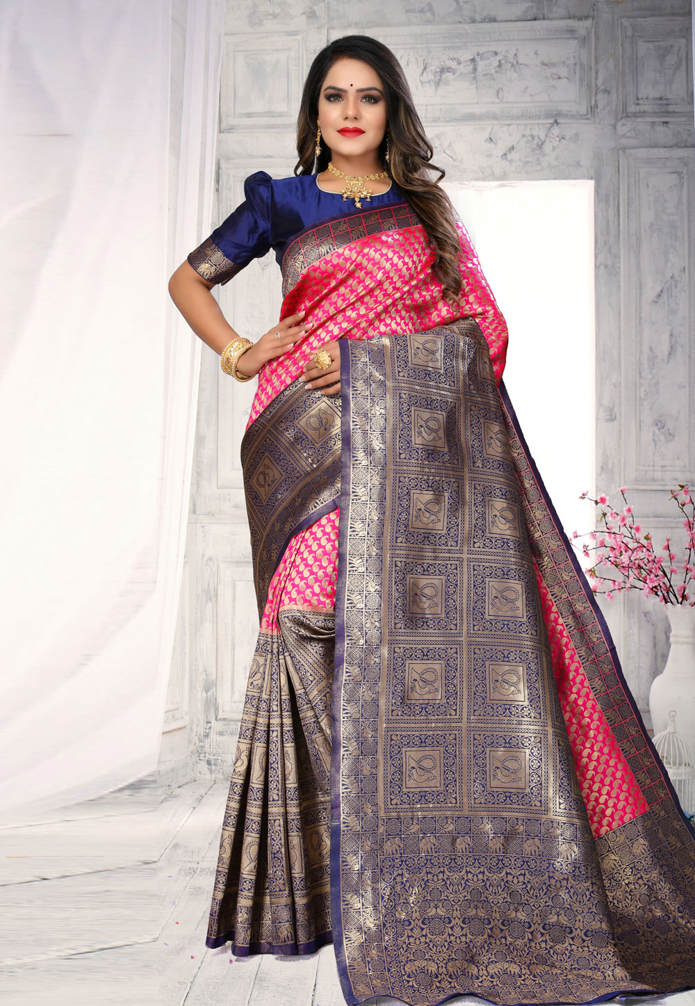 Pink Banarasi Silk Saree With Blouse 223966