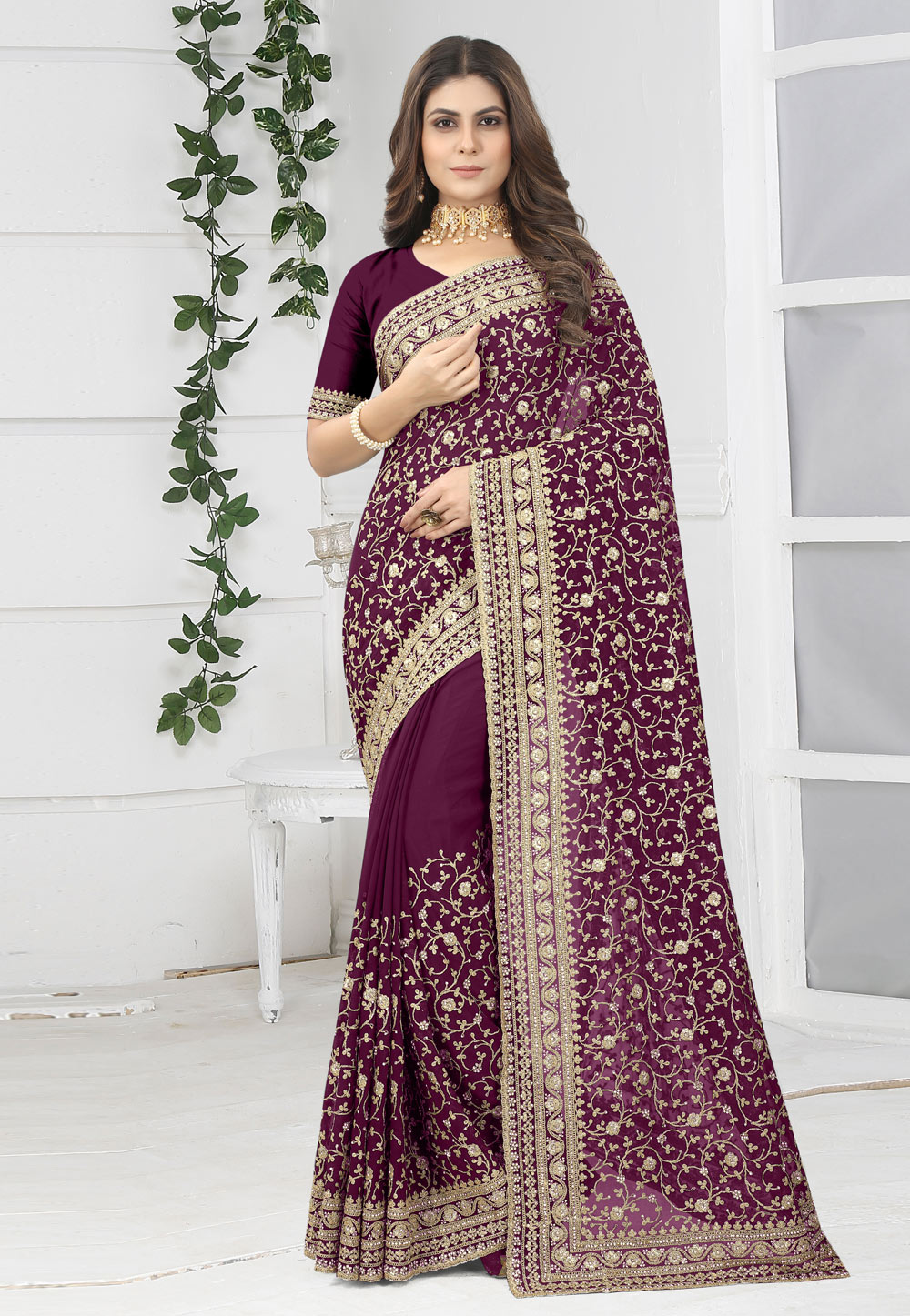 Wine Georgette Saree With Blouse 264173