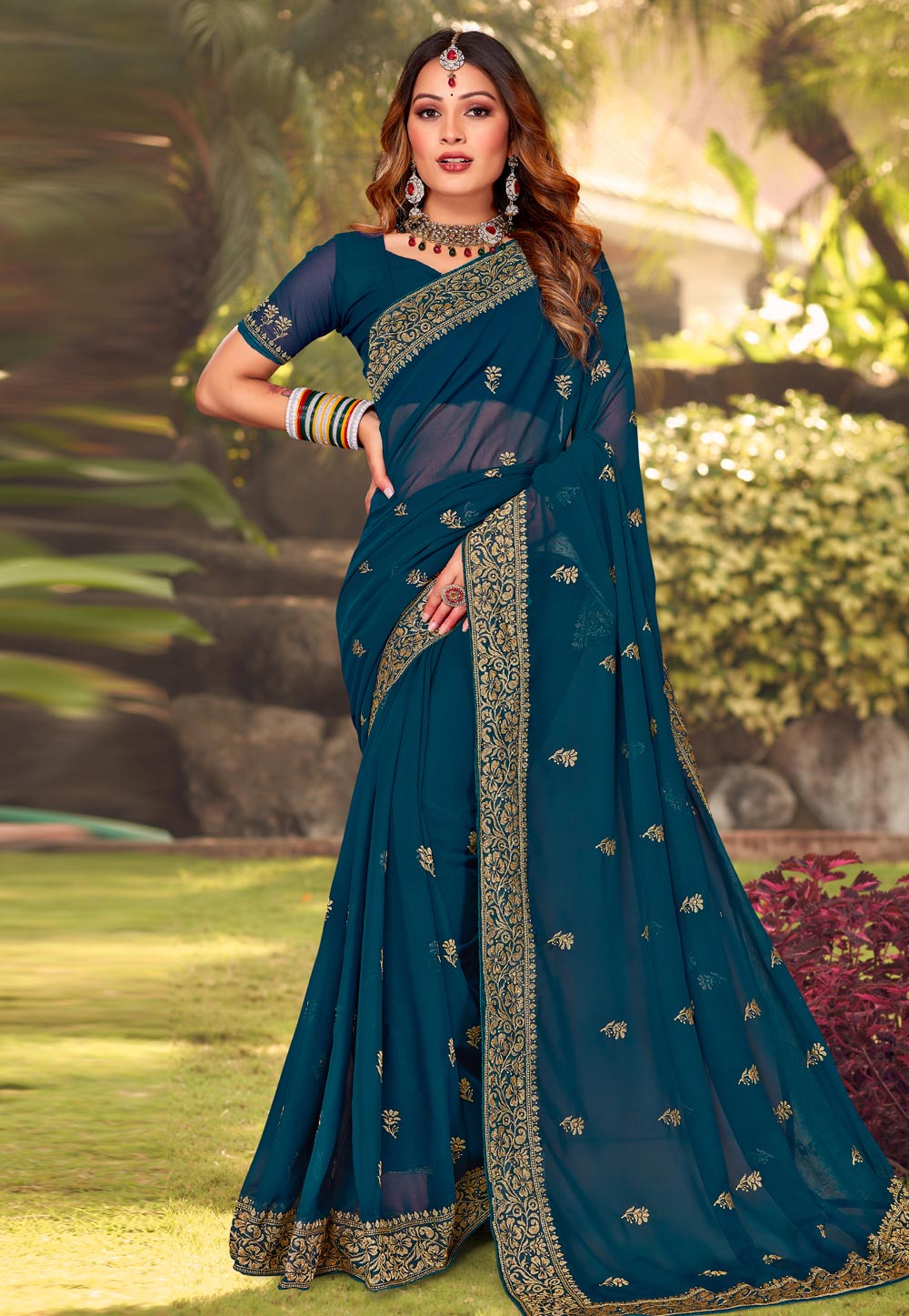 Teal Georgette Saree With Blouse 264401