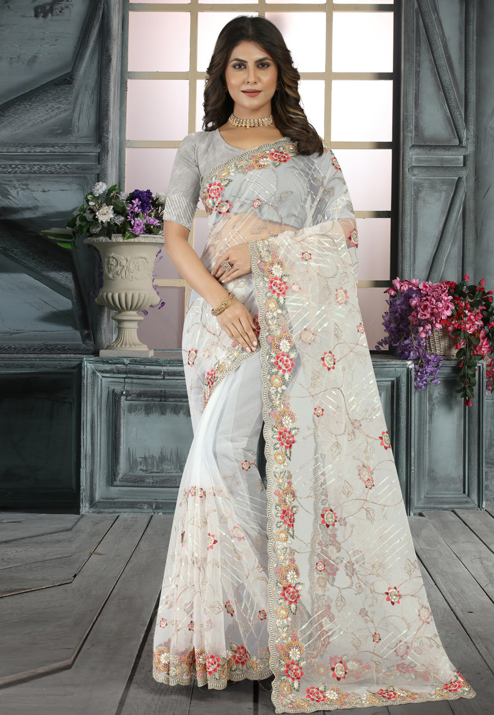 Off White Net Saree With Blouse 264909