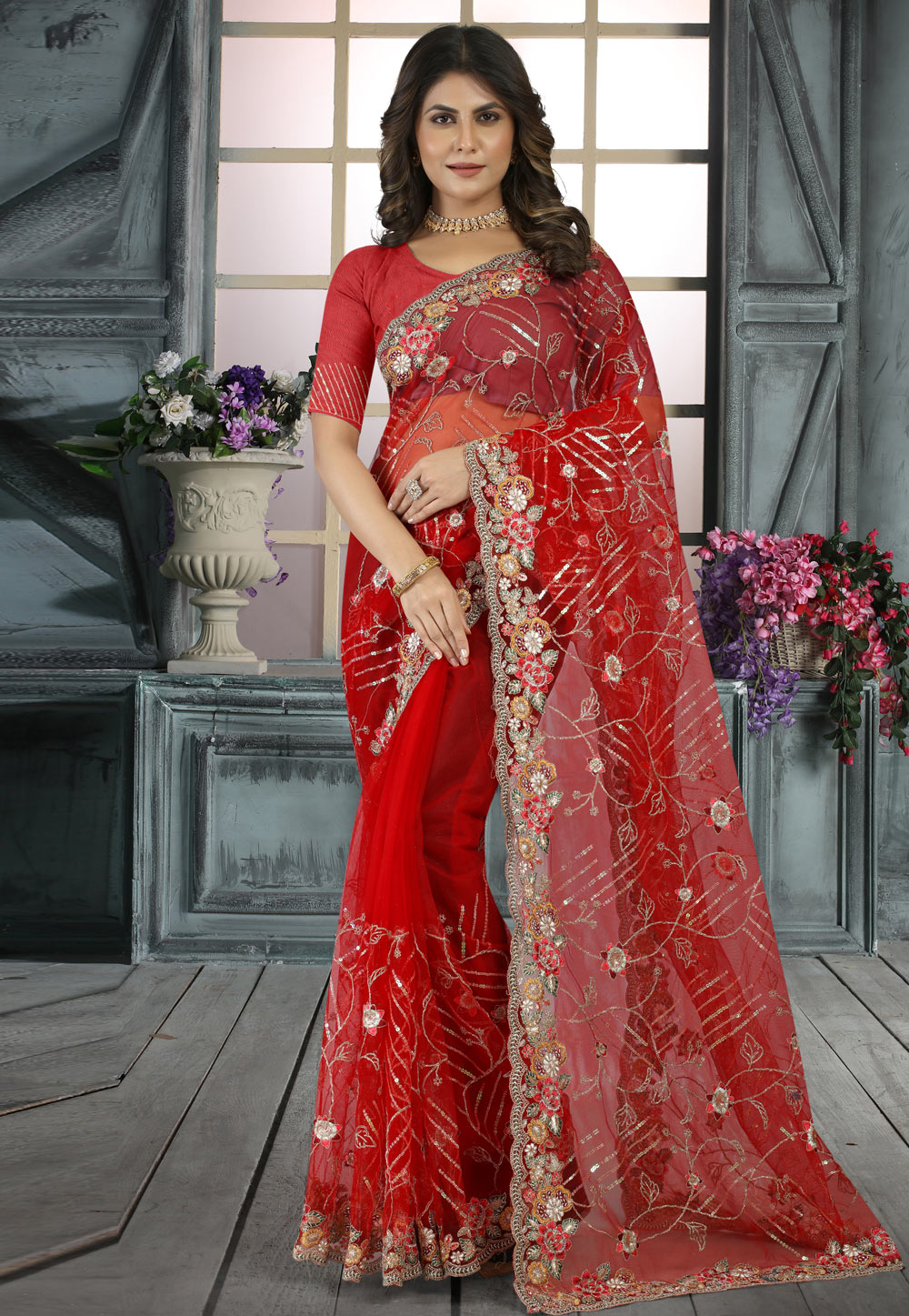 Red Net Saree With Blouse 254693