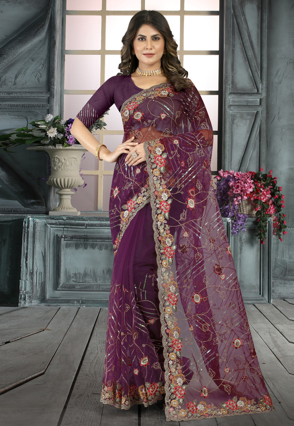 Purple Net Saree With Blouse 264911