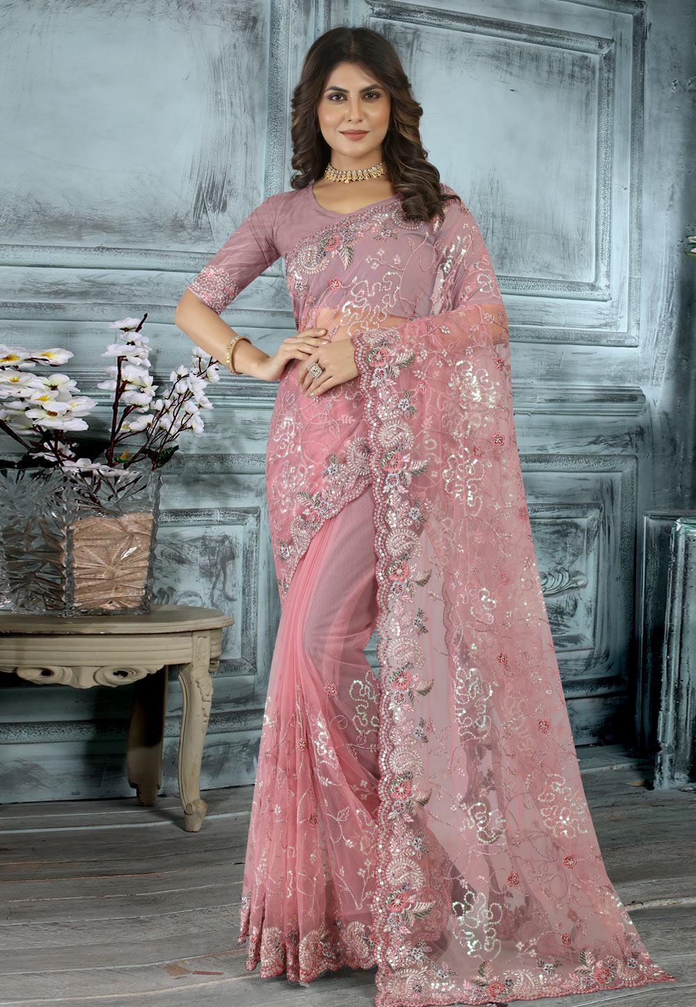 Pink Net Saree With Blouse 264915