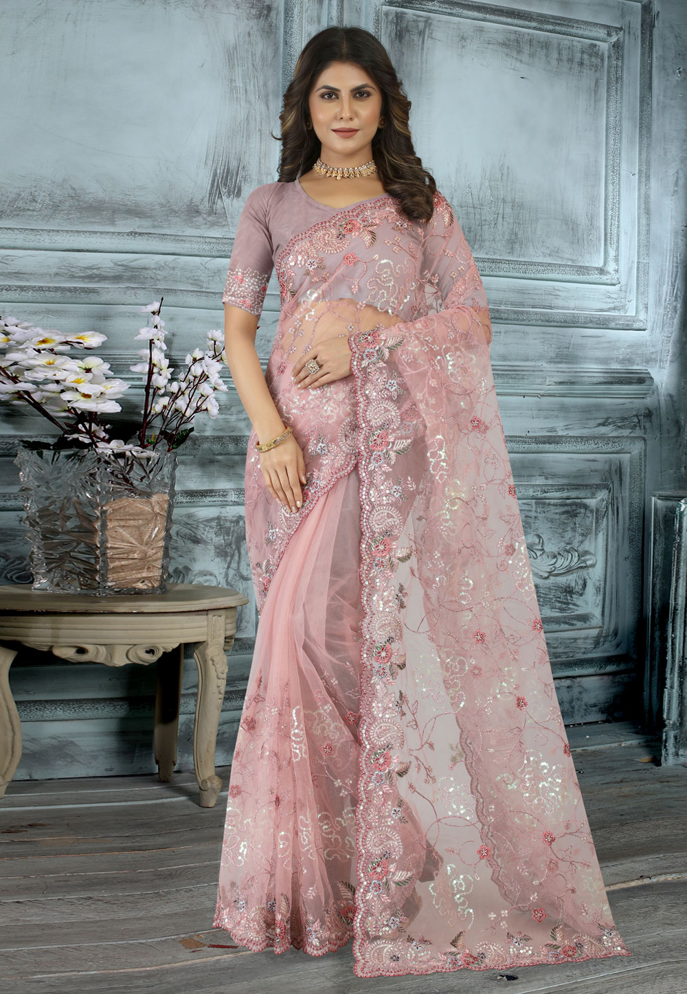Light Pink Net Saree With Blouse 264917
