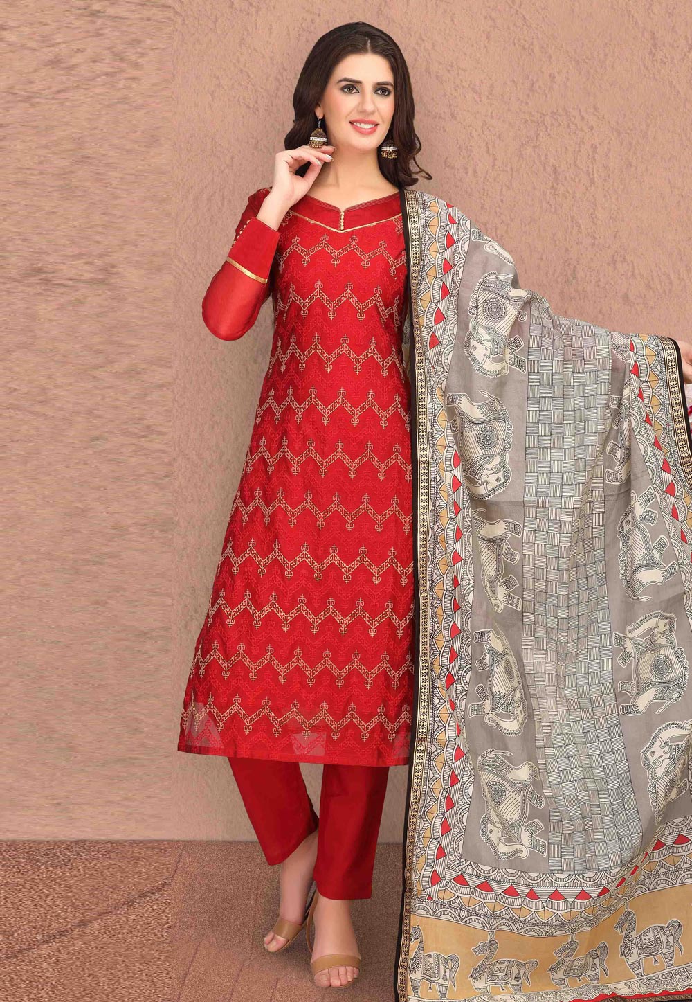 Red Banarasi Pant Style Suit 179584