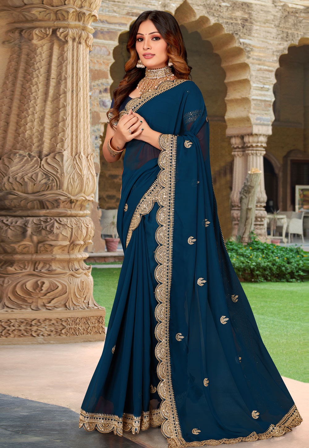 Teal Georgette Saree With Blouse 266097