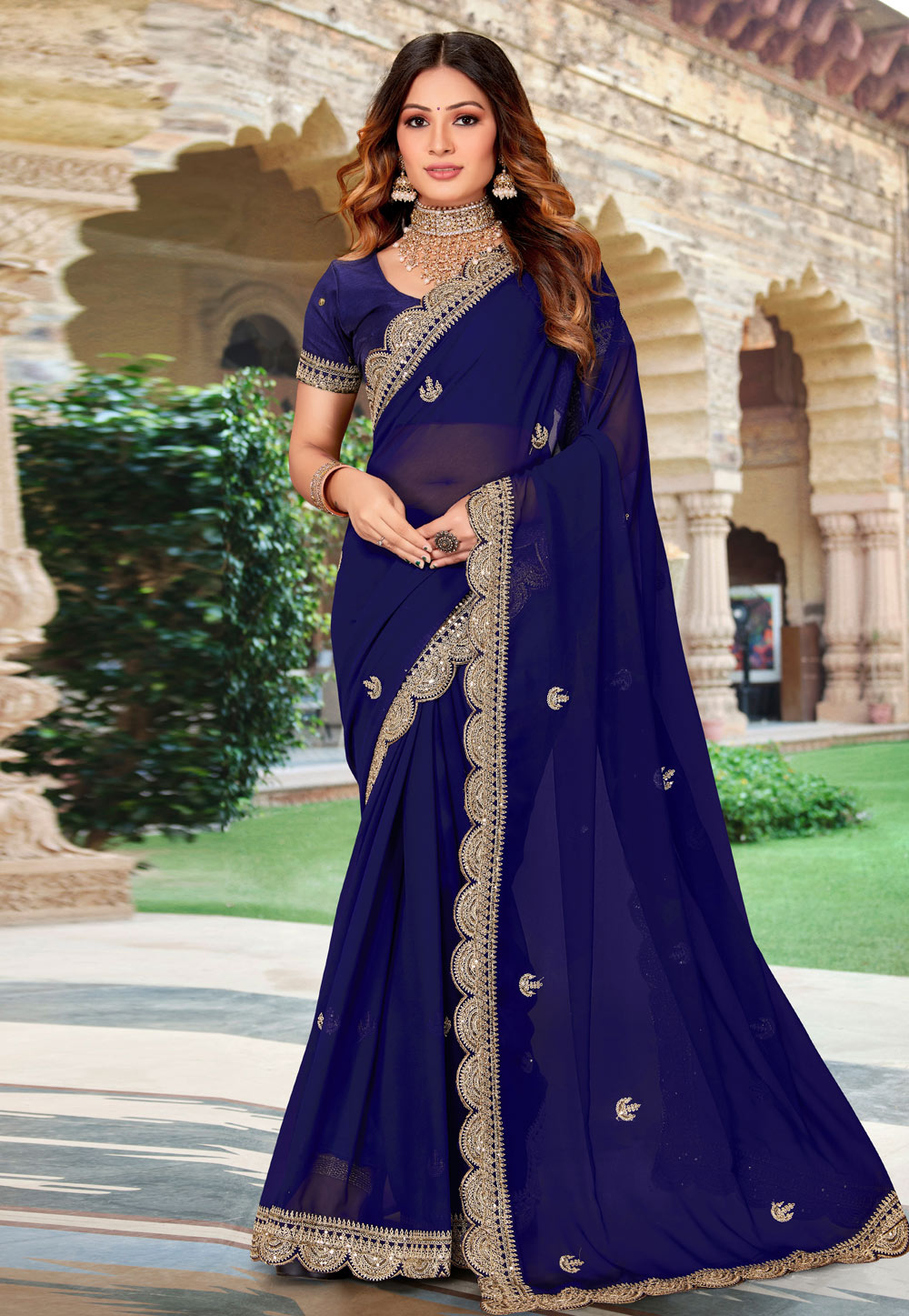 Navy Blue Georgette Saree With Blouse 266100