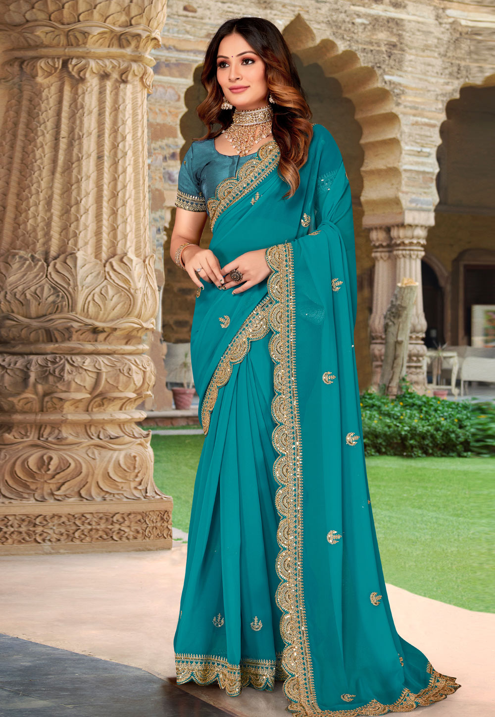 Turquoise Georgette Saree With Blouse 266101