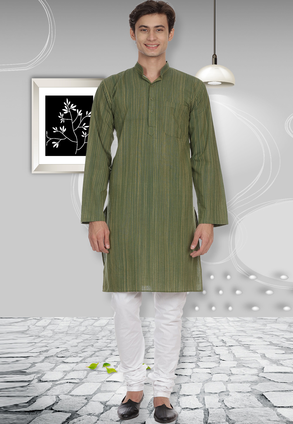 Green Cotton Readymade Kurta Pajama 175894