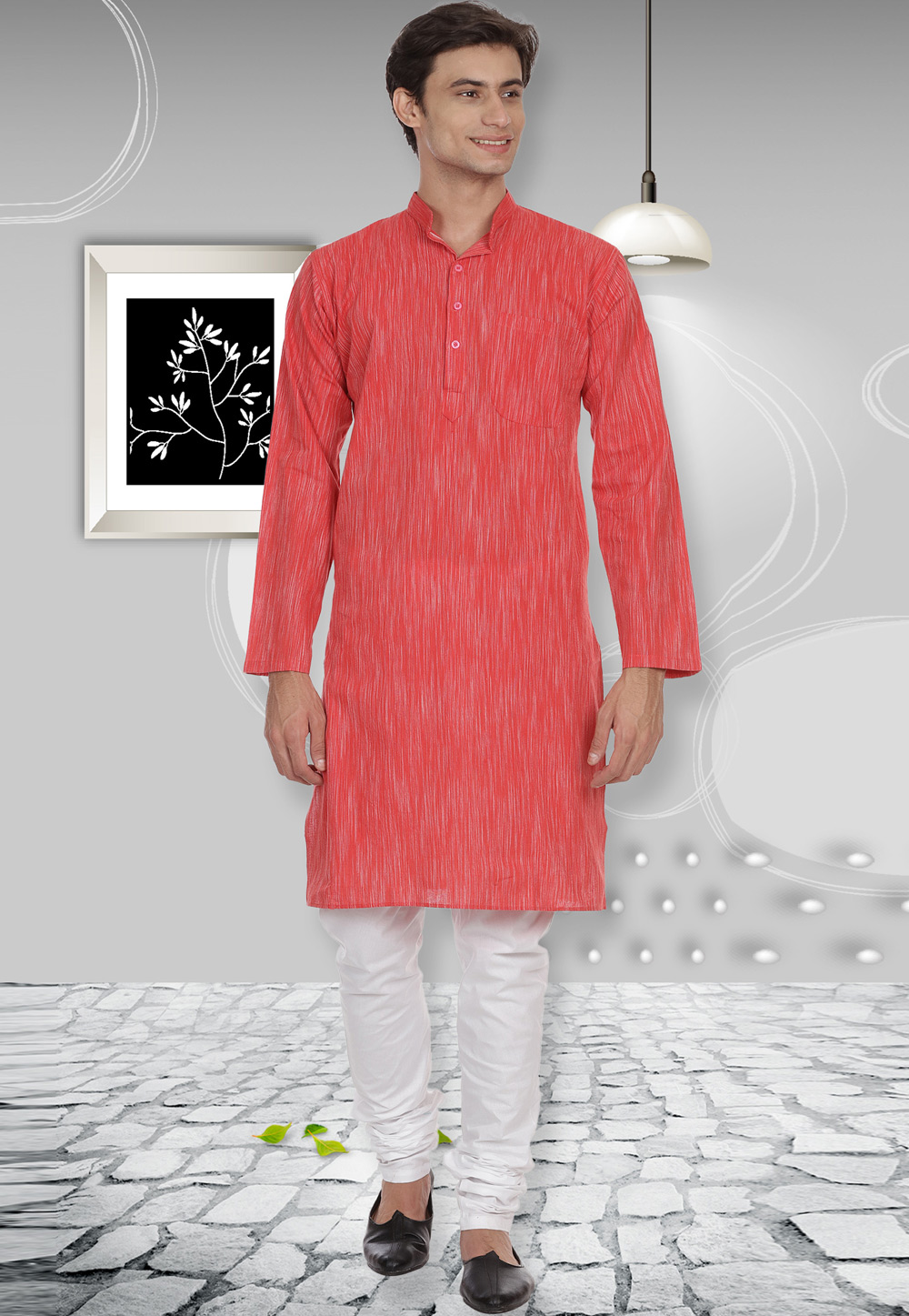 Red Cotton Readymade Kurta Pajama 175898