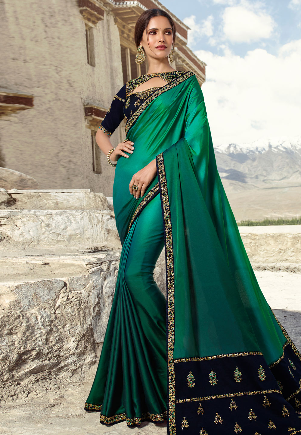 Green Barfi Silk Embroidered Saree With Blouse 181875