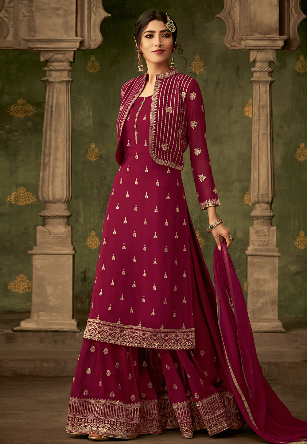 Magenta Georgette Embroidered Sharara Suit With Jacket 168737