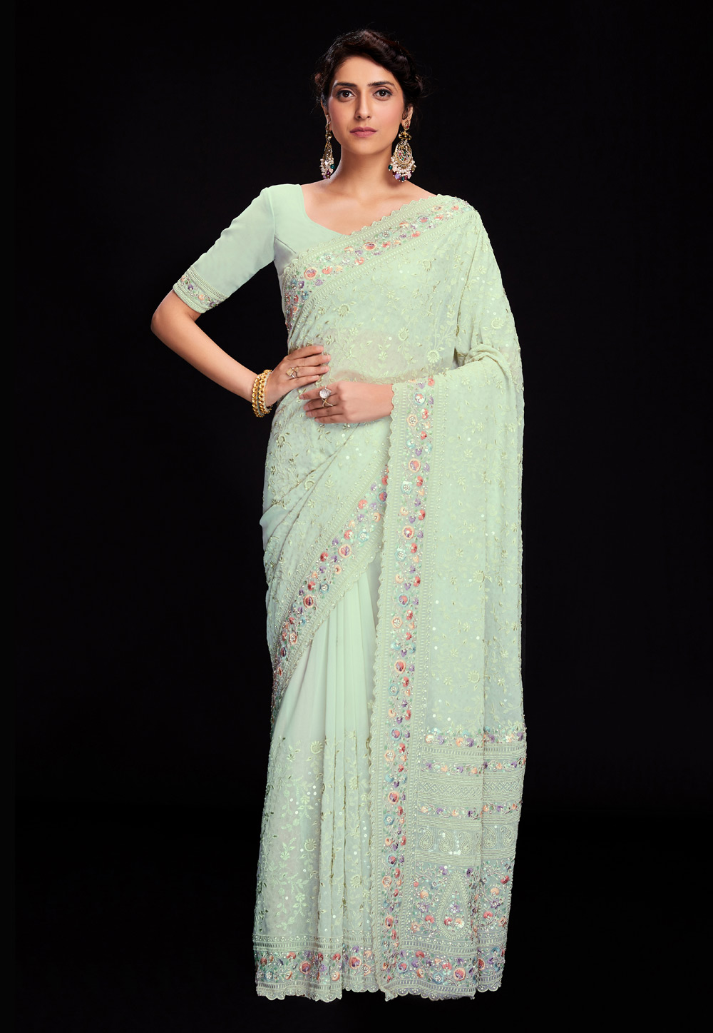 Pista Green Georgette Saree With Blouse 266012