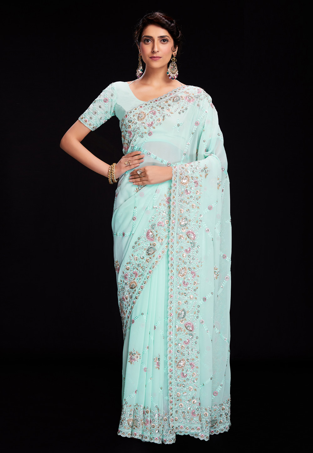 Sky Blue Georgette Saree With Blouse 266013