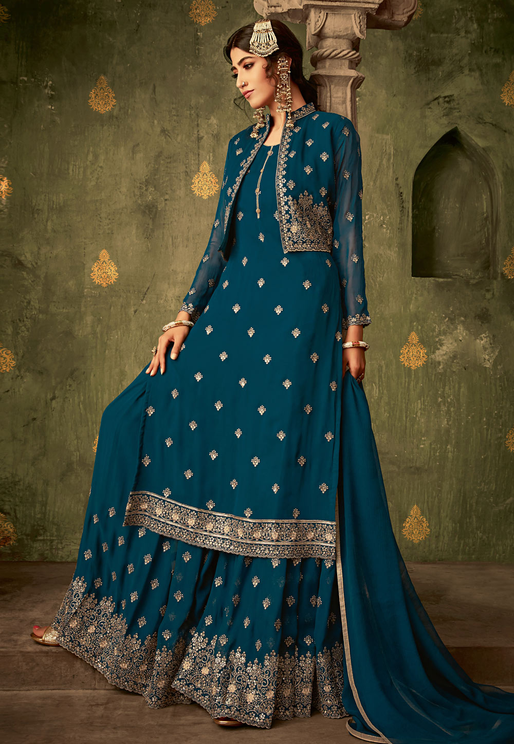 Blue Georgette Embroidered Sharara Suit With Jacket 168741