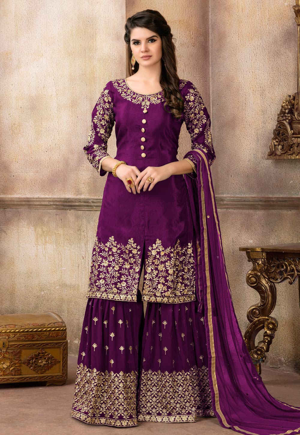 Purple Viscose Sharara Suit 156602
