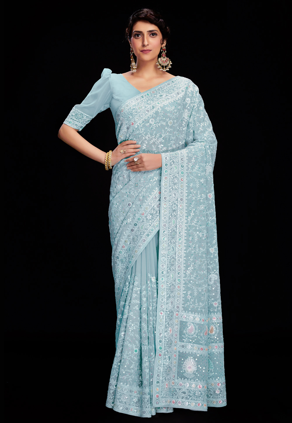 Sky Blue Georgette Saree With Blouse 266016