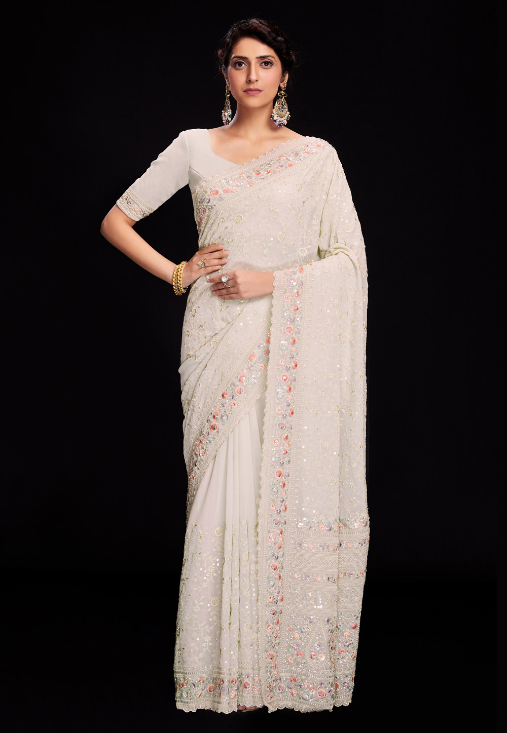 Cream Georgette Saree With Blouse 266018