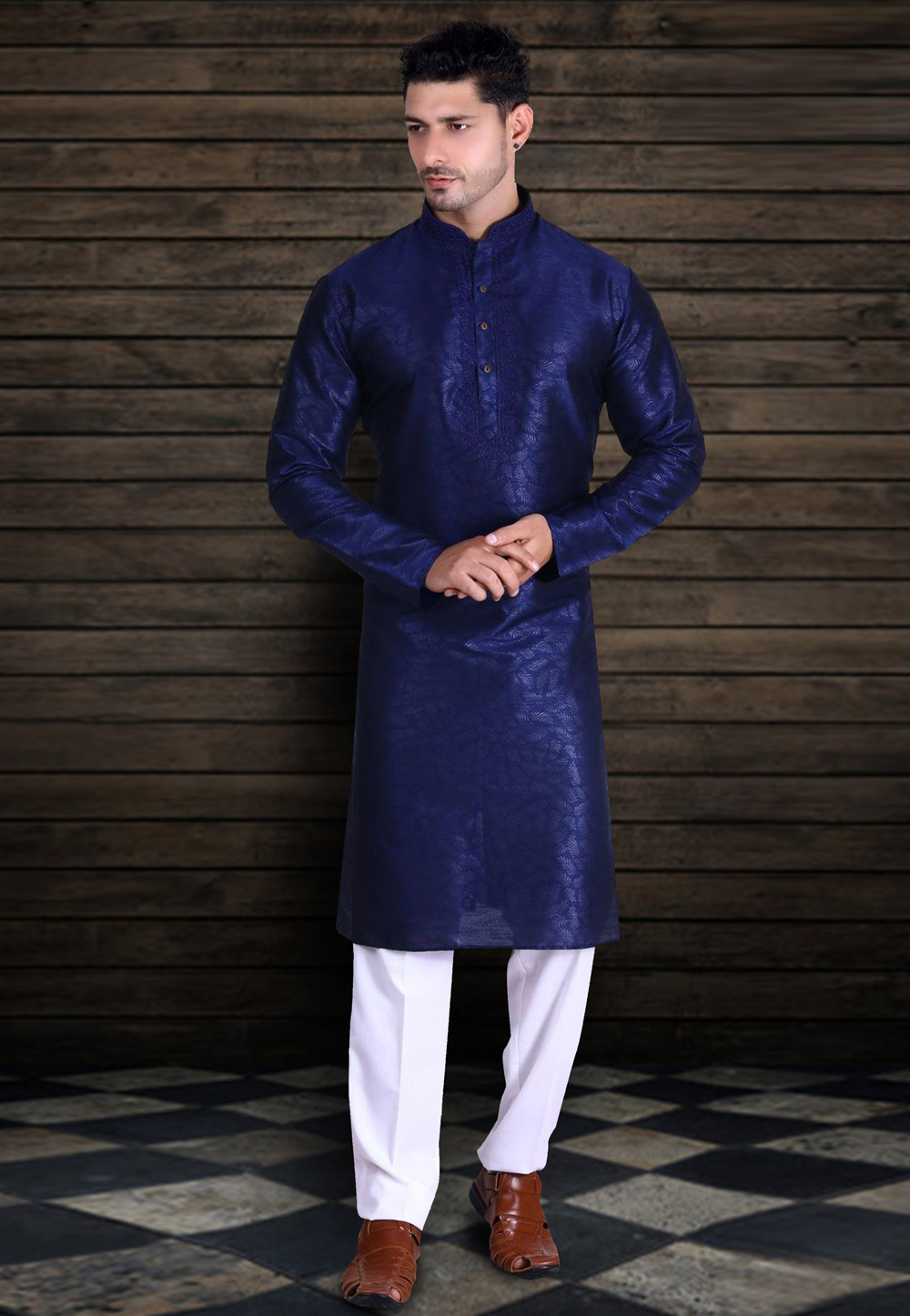 Navy Blue Art Silk Readymade Kurta Pajama 215754