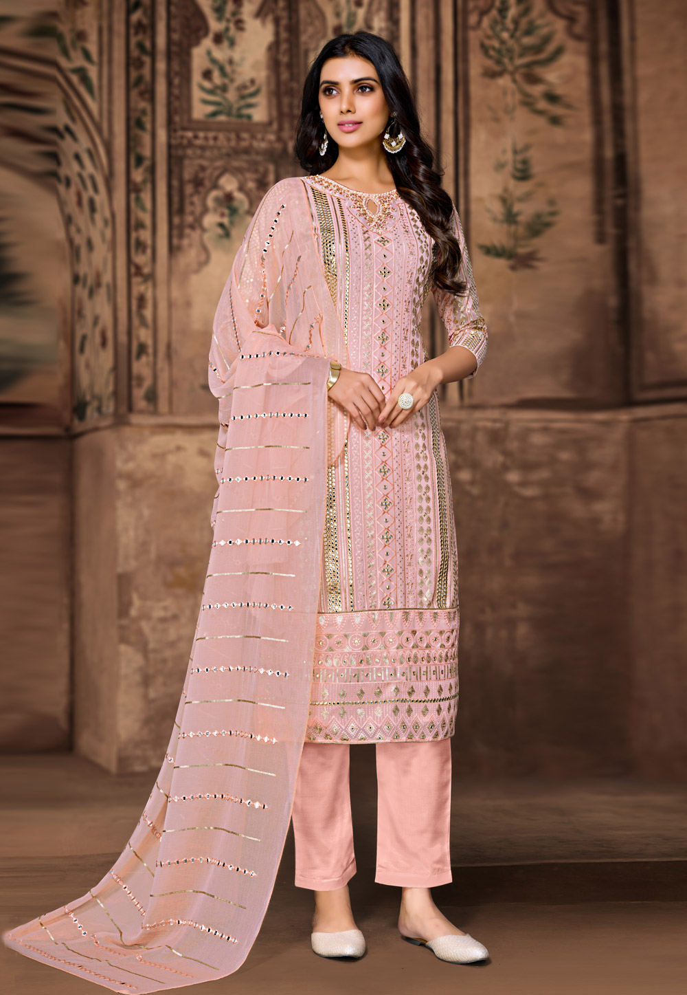 Pink Georgette Sequins Work Pant Style Suit 232605