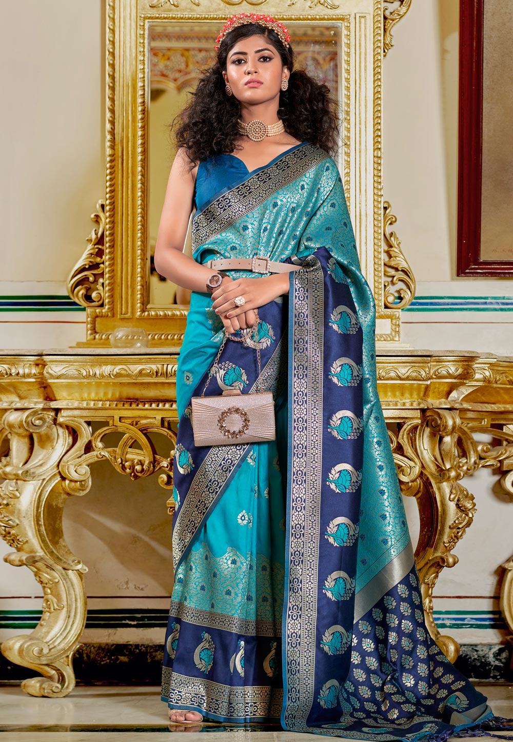 Sky Blue Banarasi Silk Saree With Blouse 258230
