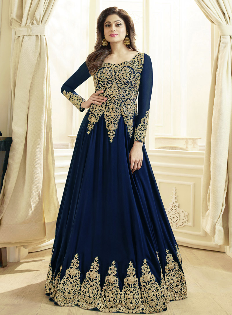 Shamita Shetty Navy Blue Georgette Long Anarkali Suit 142089